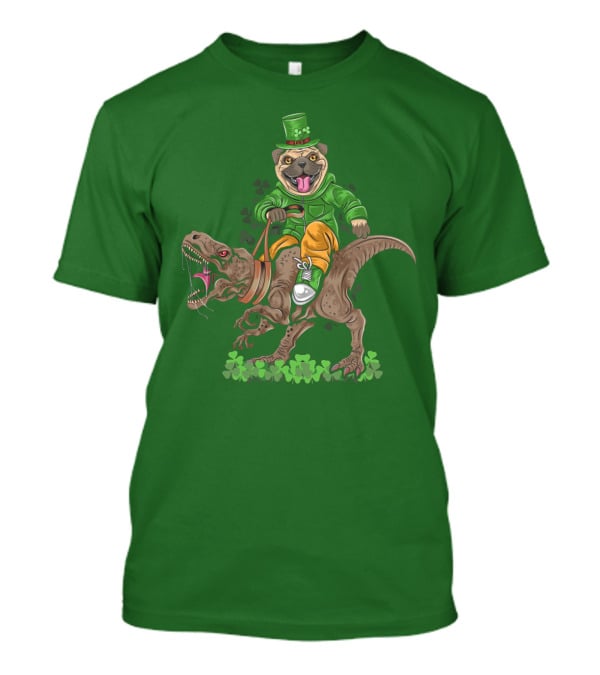 St Patricks Day Pug Puppy Riding Dinosaur Rex With Shamrocks And Leprechaun Hat T-Shirt