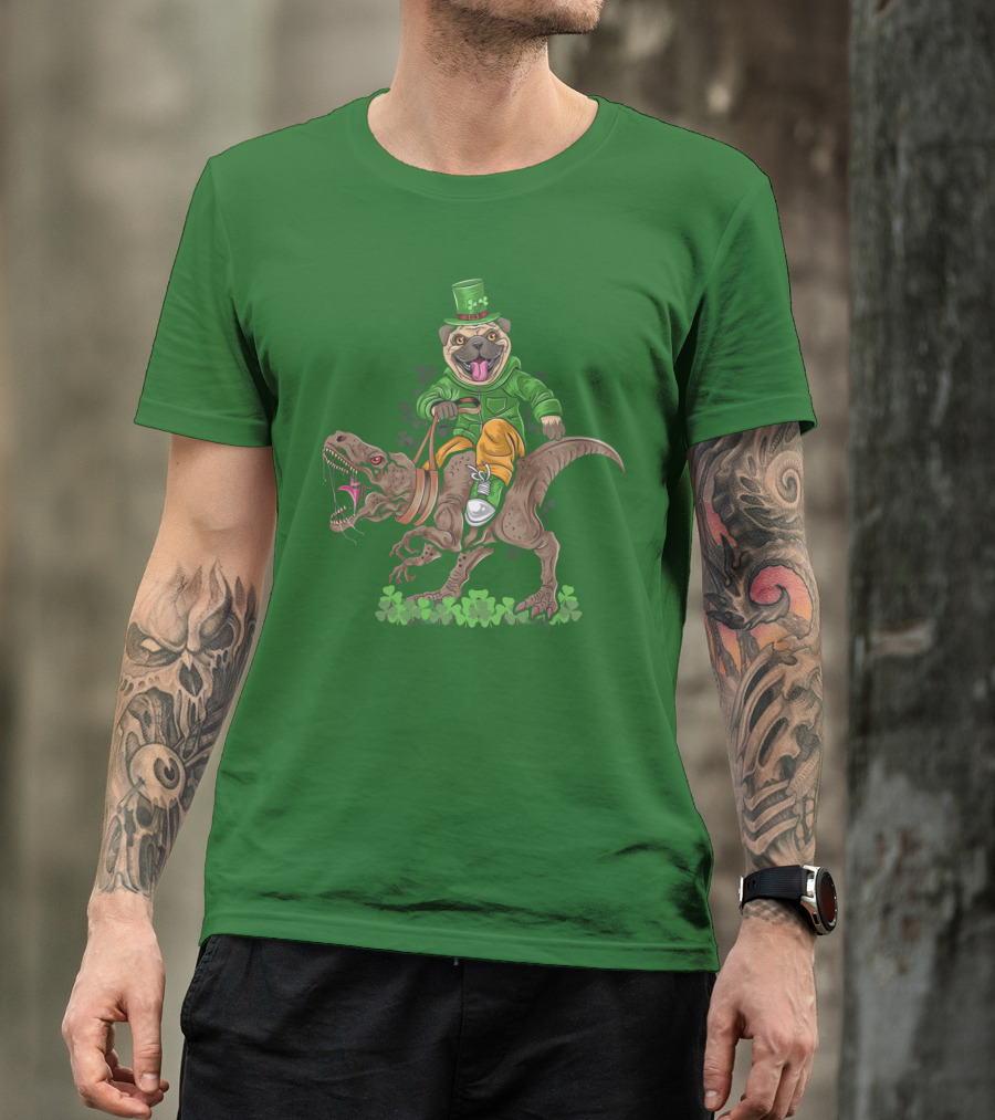 St Patricks Day Pug Puppy Riding Dinosaur Rex With Shamrocks And Leprechaun Hat T-Shirt
