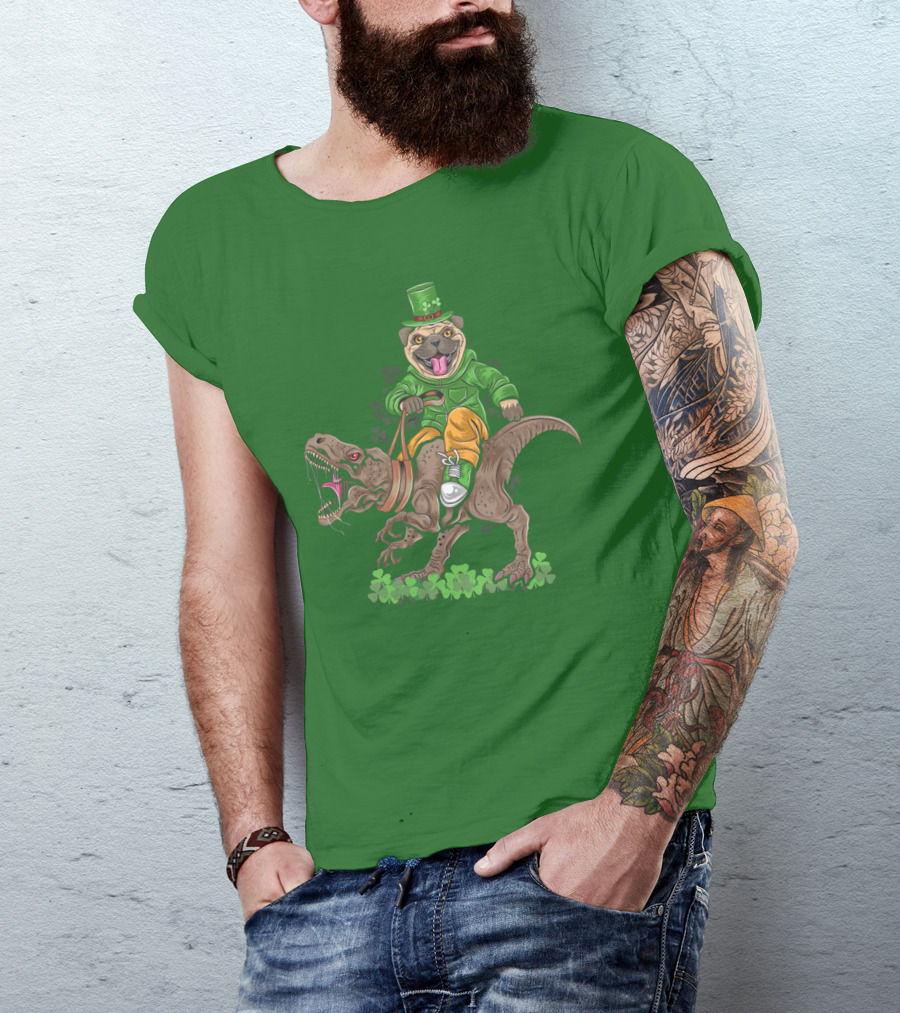 St Patricks Day Pug Puppy Riding Dinosaur Rex With Shamrocks And Leprechaun Hat T-Shirt