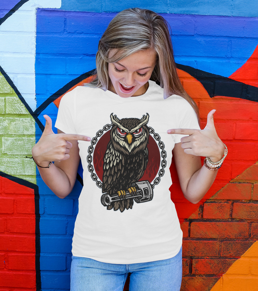 Owl And Piston Motorbike Enthusiast Chain Flame Background T-Shirt