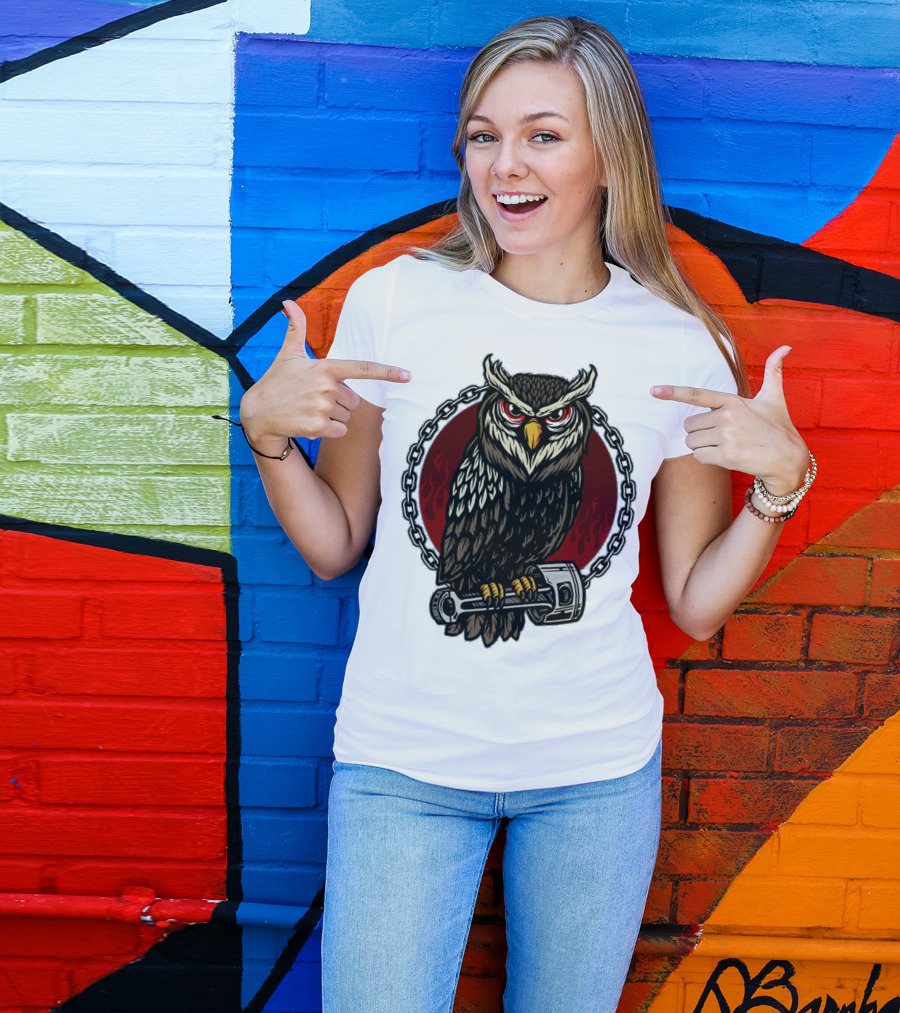 Owl And Piston Motorbike Enthusiast Chain Flame Background T-Shirt