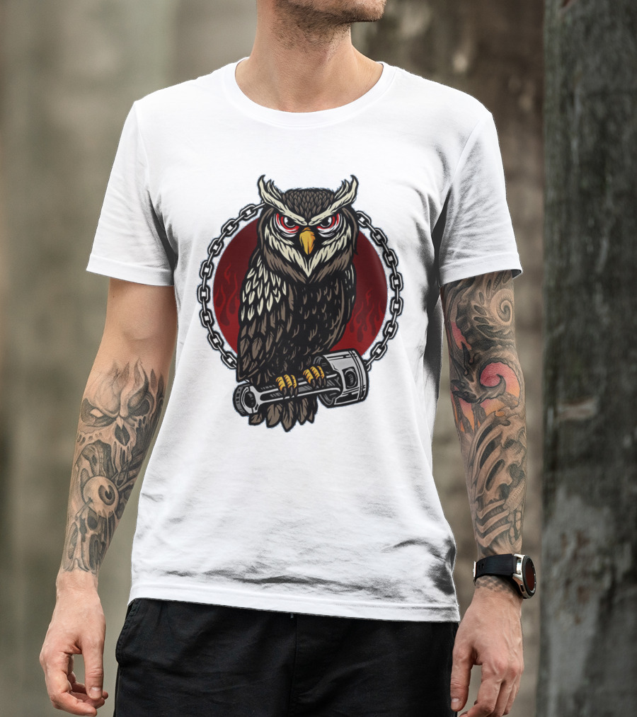 Owl And Piston Motorbike Enthusiast Chain Flame Background T-Shirt