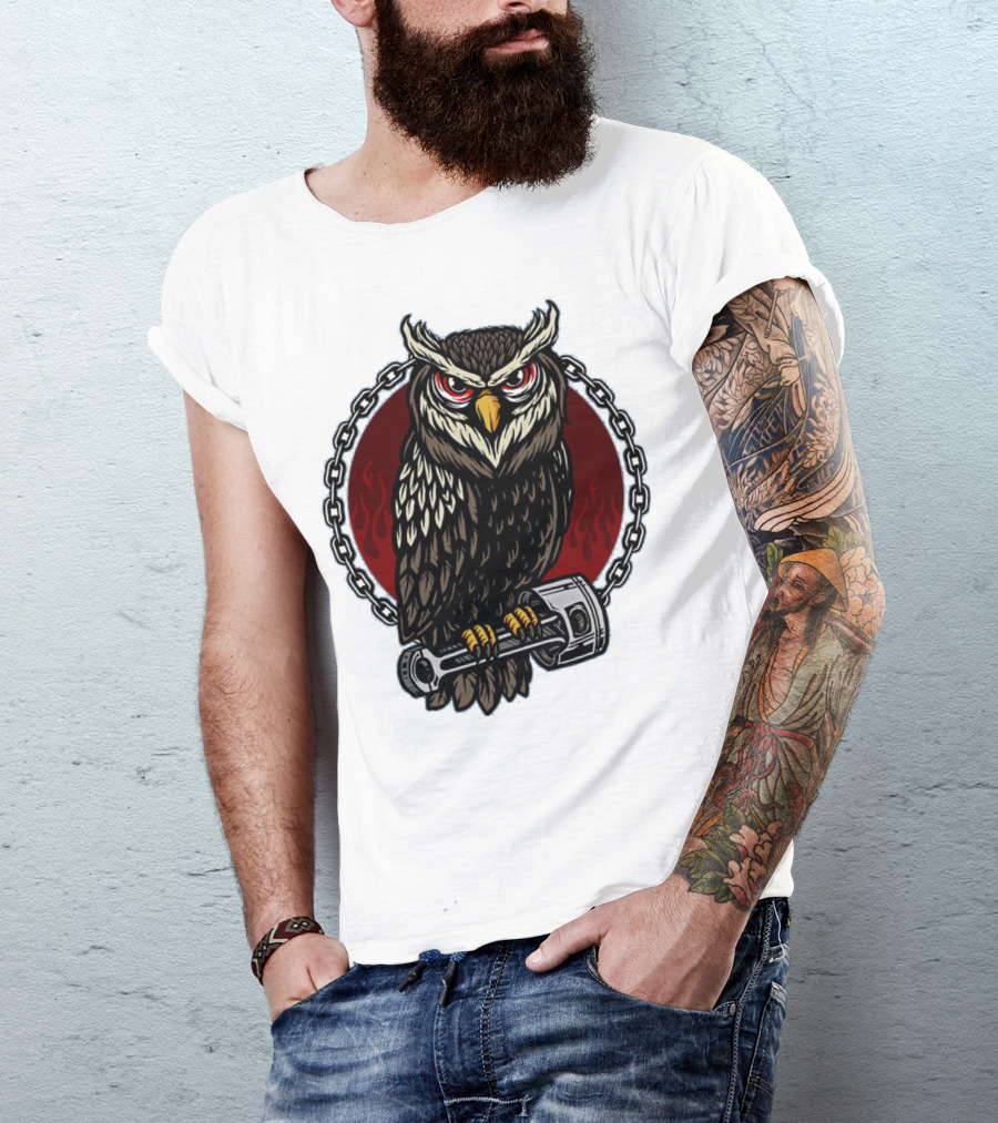 Owl And Piston Motorbike Enthusiast Chain Flame Background T-Shirt