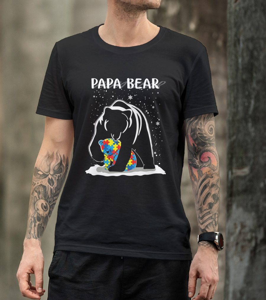 PAPA BEAR Autism Puzzle Piece Bear Hug T-Shirt