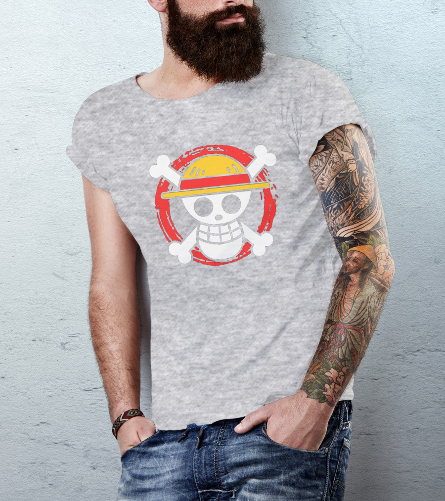 Straw Hat Luffy Jolly Roger Icon On Red Circular Emblem T-Shirt