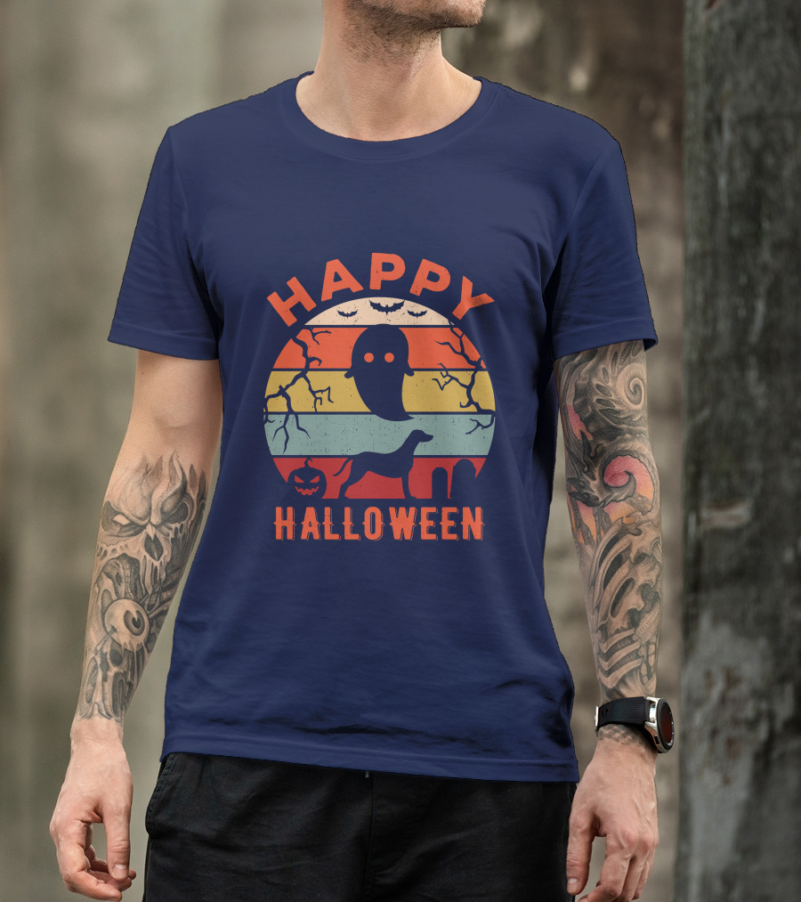 Happy Halloween Dalmatian Dog Ghost Pumpkin Retro Stripes T-Shirt