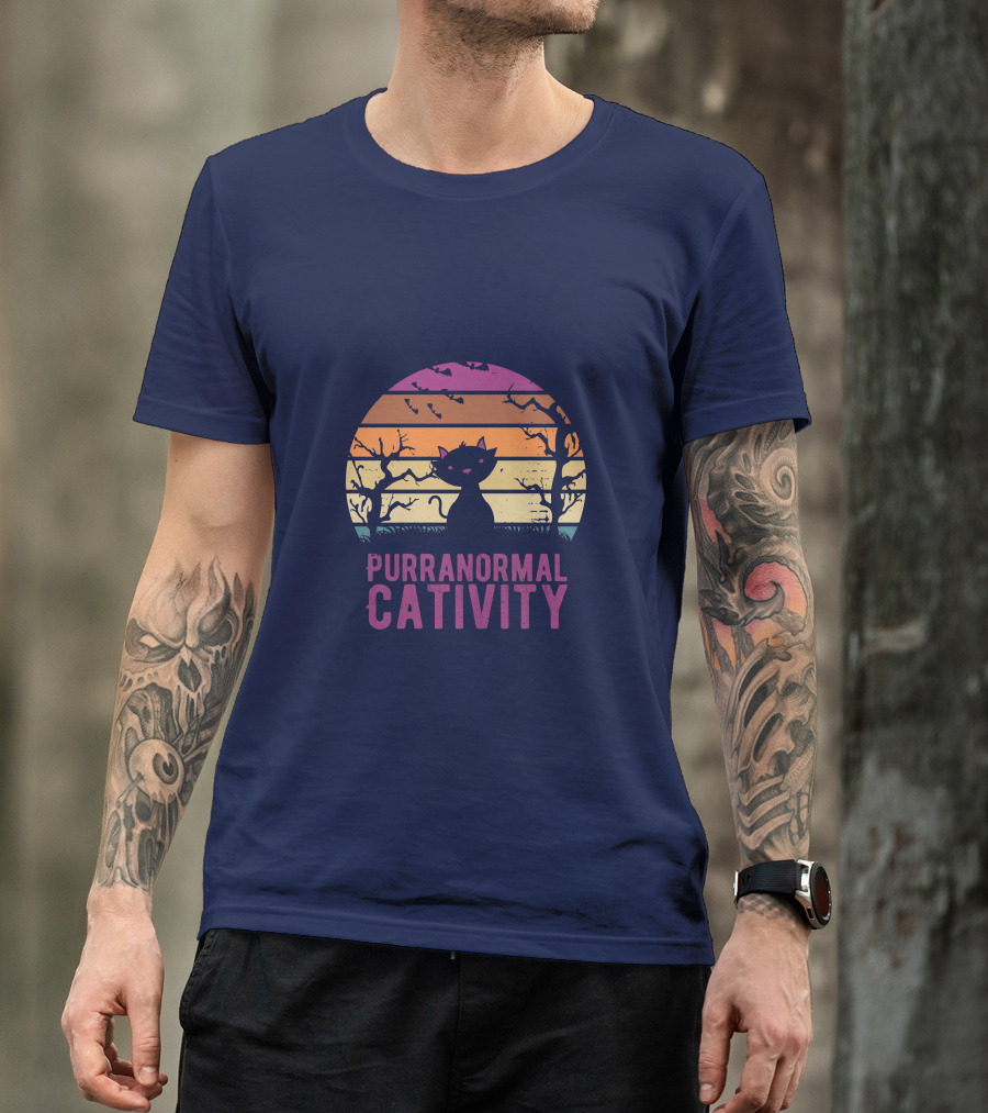 Purranormal Cativity Spooky Cat Silhouette With Bats And Trees T-Shirt