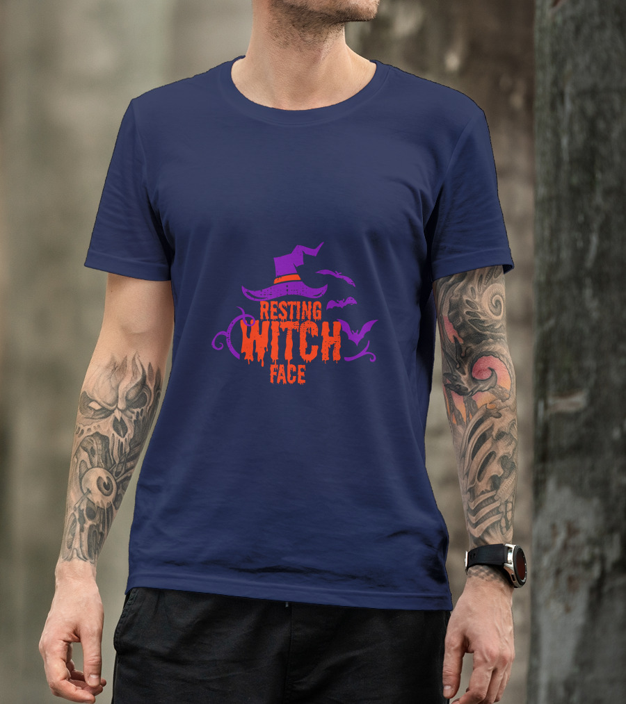 Resting Witch Face Witch Hat Bats Halloween T-Shirt