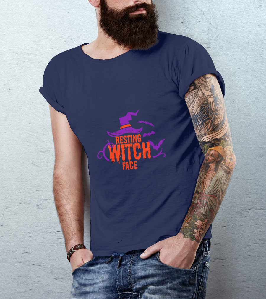 Resting Witch Face Witch Hat Bats Halloween T-Shirt