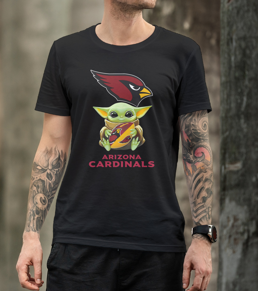 Baby Yoda Hugging Arizona Cardinals Logo Football With Team Emblem T-Shirt