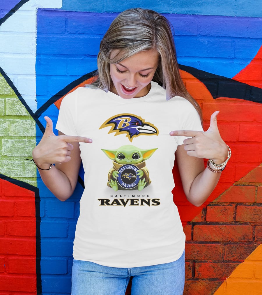 Baltimore Ravens Baby Yoda Holding Team T-Shirt