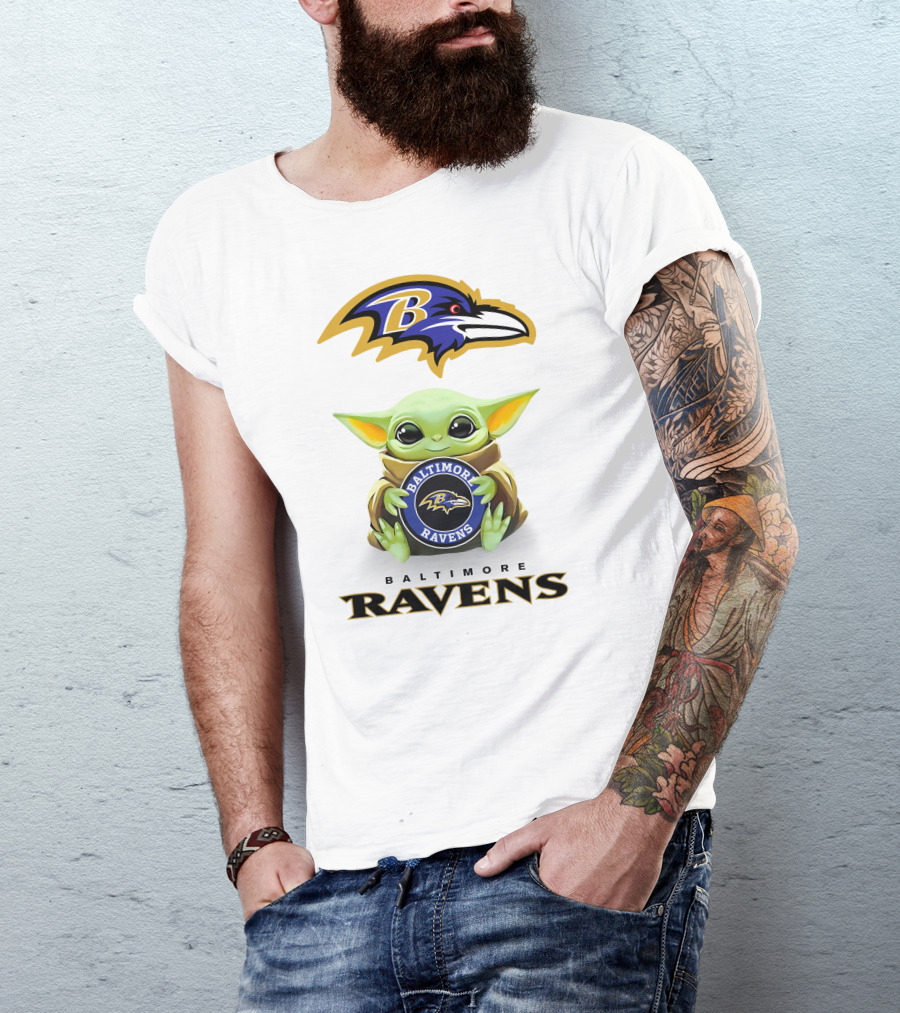 Baltimore Ravens Baby Yoda Holding Team T-Shirt