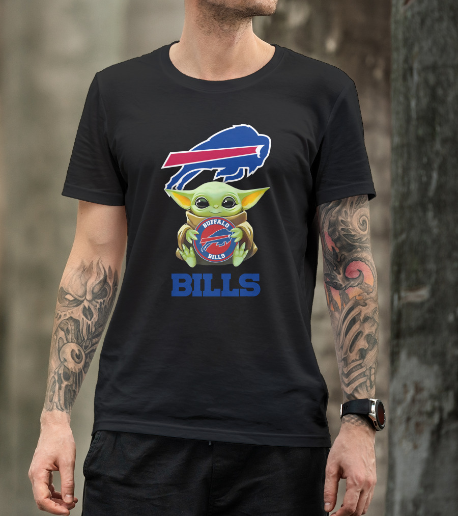 Baby Yoda Holding Buffalo Bills NFL Team Emblem With Blue Bills Text T-Shirt