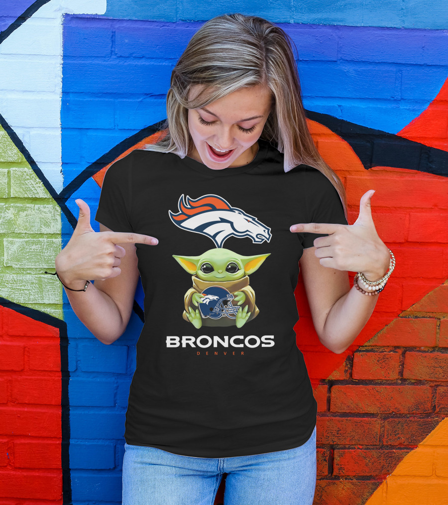Baby Yoda Holding Denver Broncos Helmet With Broncos T-Shirt