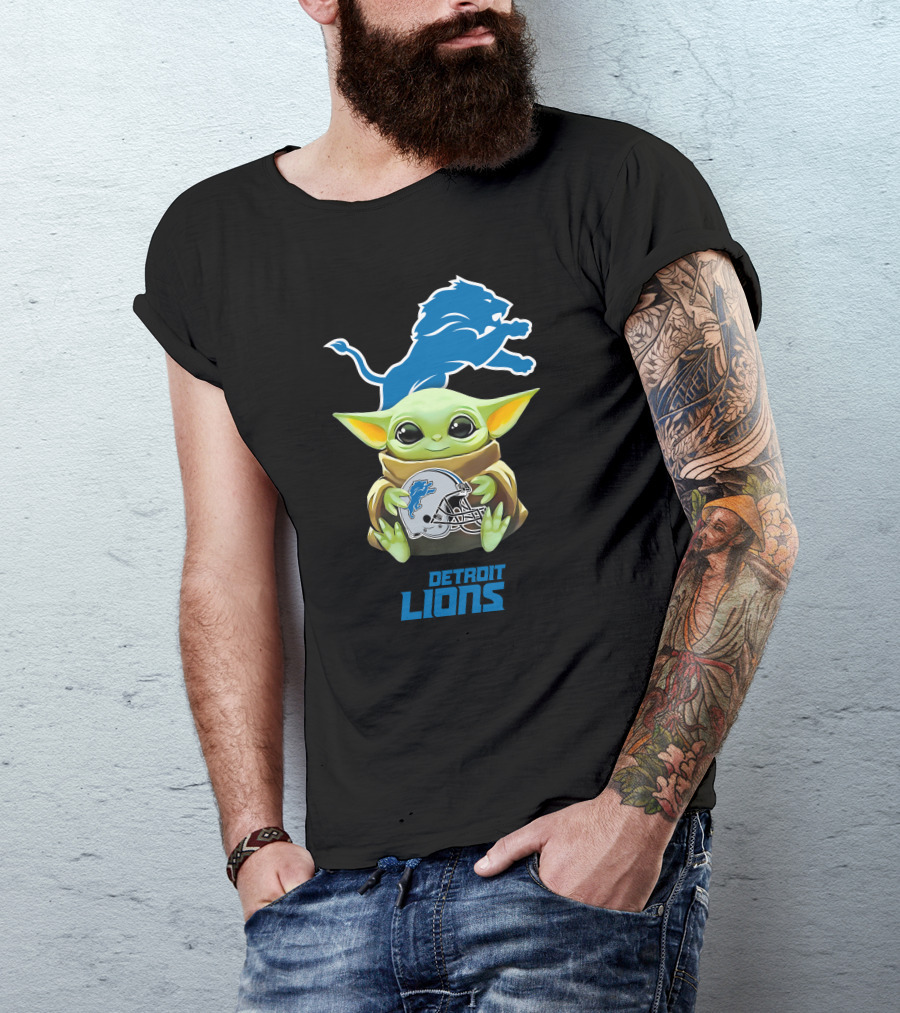 Baby Yoda Holding Detroit Lions Helmet T-Shirt