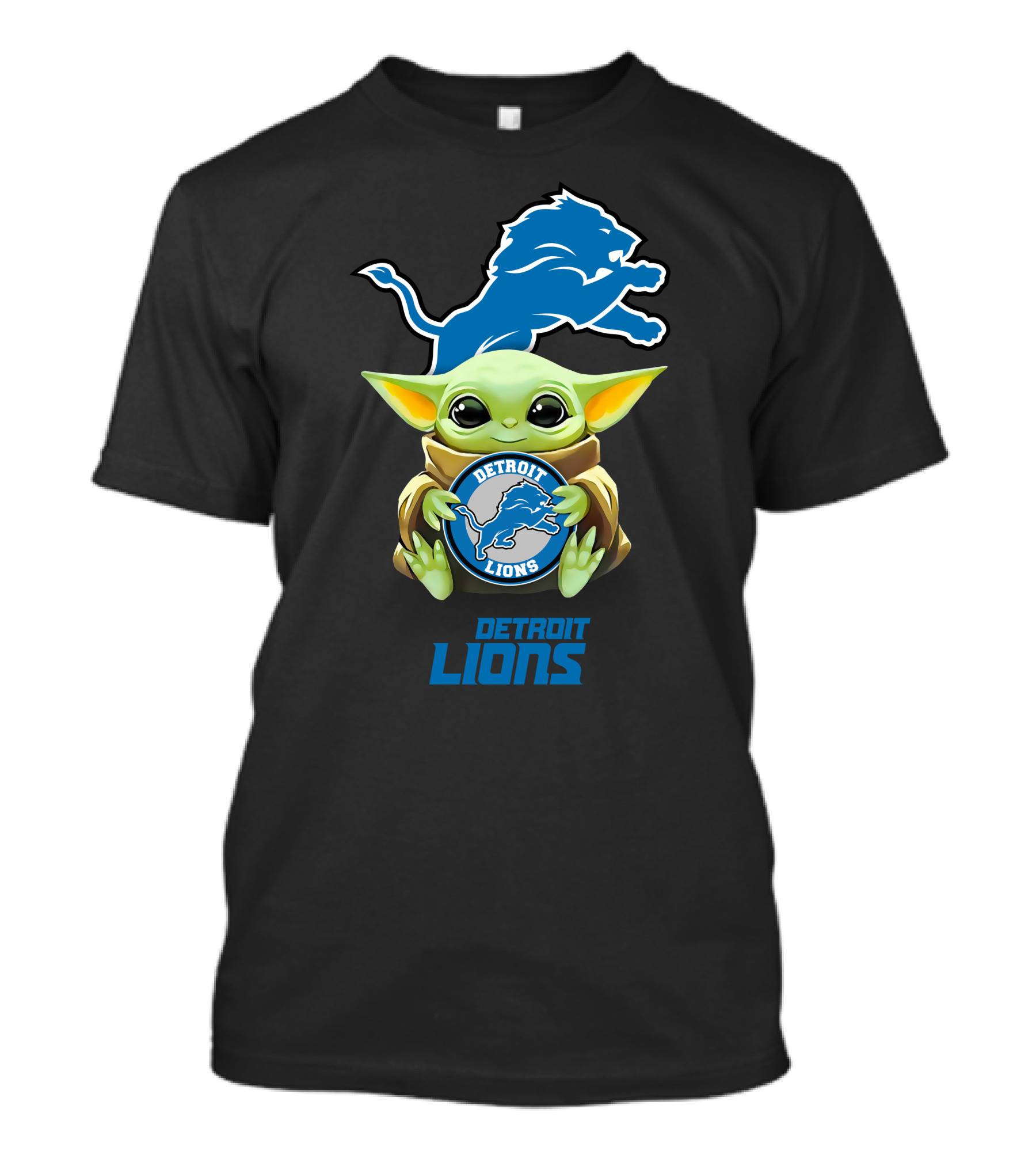 Baby Yoda Holding Detroit Lions Emblem With Team T-Shirt