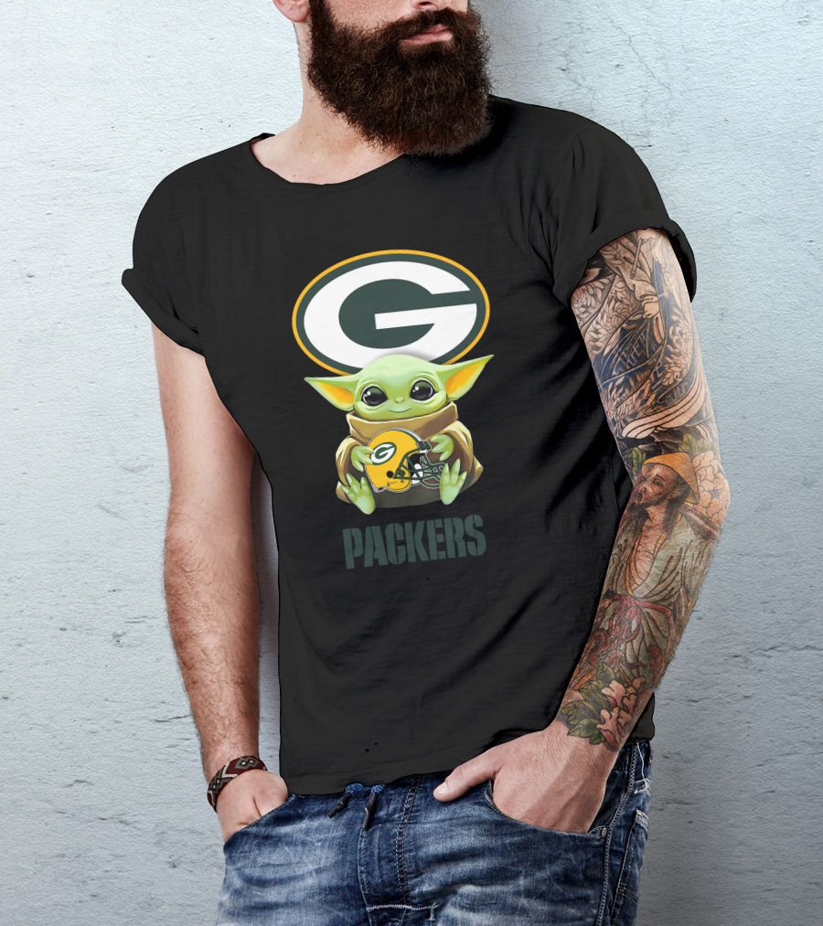 Baby Yoda Holding Green Bay Packers Helmet Logo Packers T-Shirt