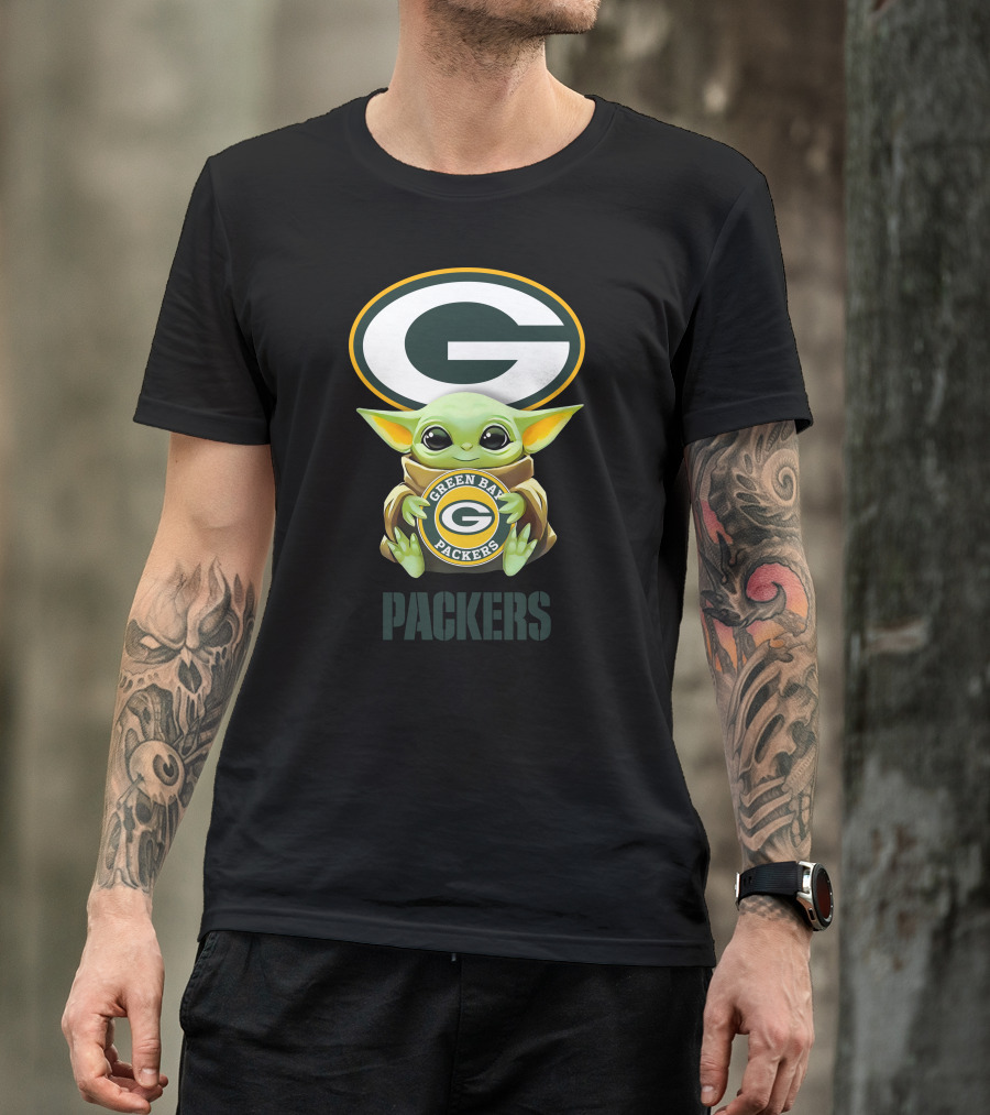 Baby Yoda With Green Bay Packers Symbol And Text T-Shirt