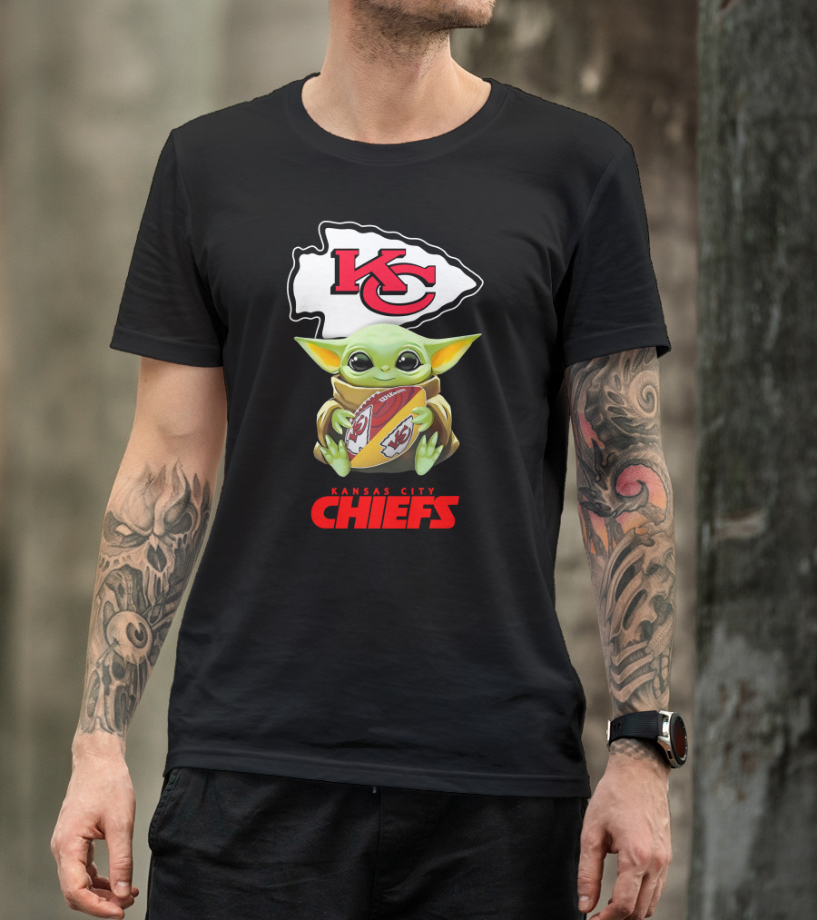 Baby Yoda Holding Kansas City Chiefs Football T-Shirt