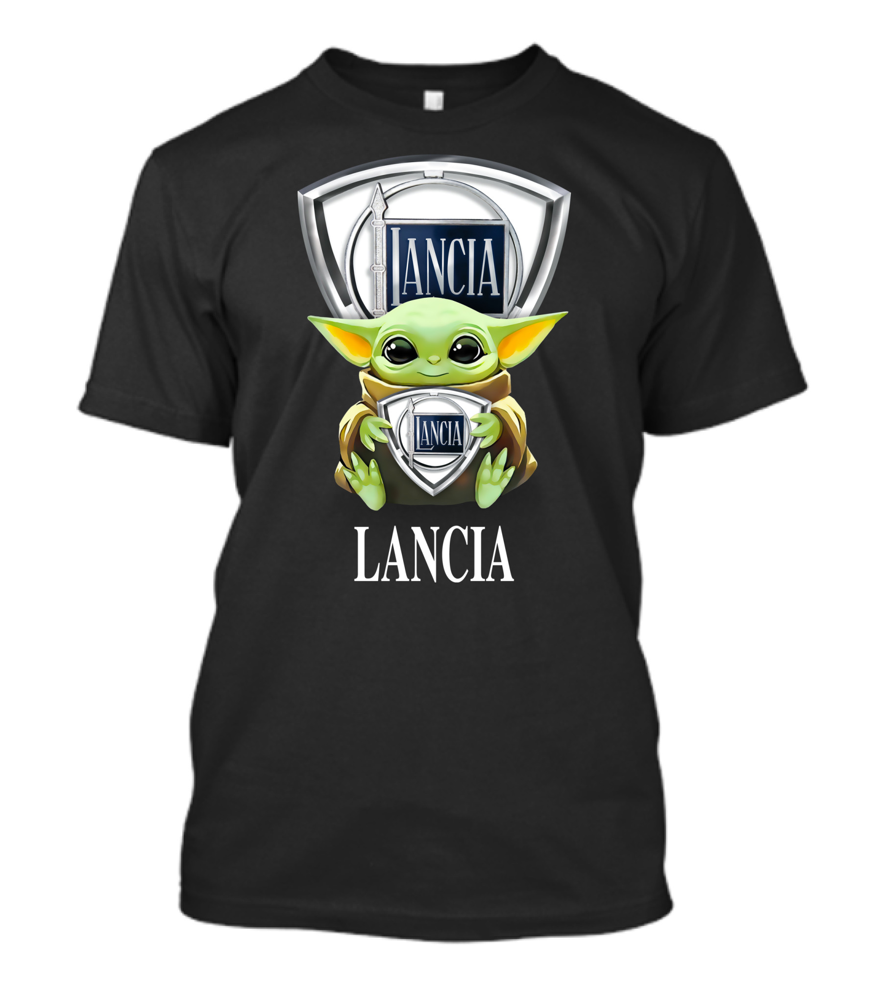 Baby Yoda Holding Lancia Logo With Lancia Text T-Shirt