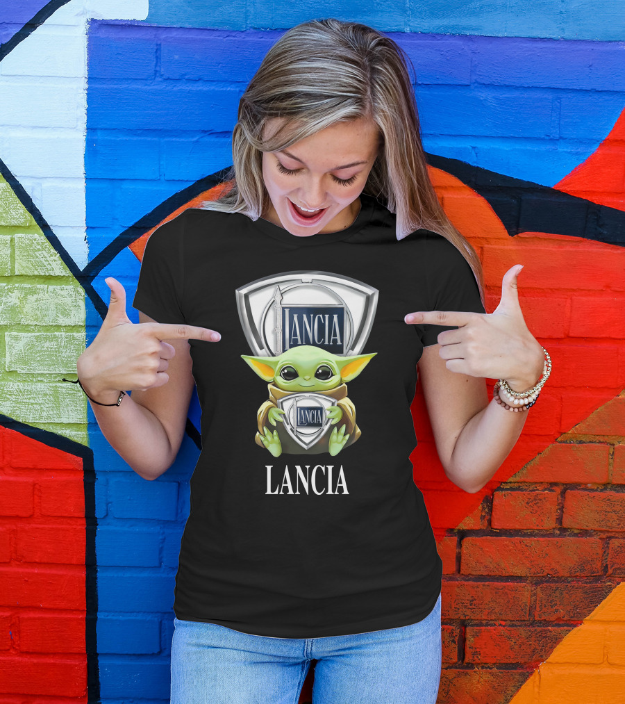 Baby Yoda Holding Lancia Logo With Lancia Text T-Shirt