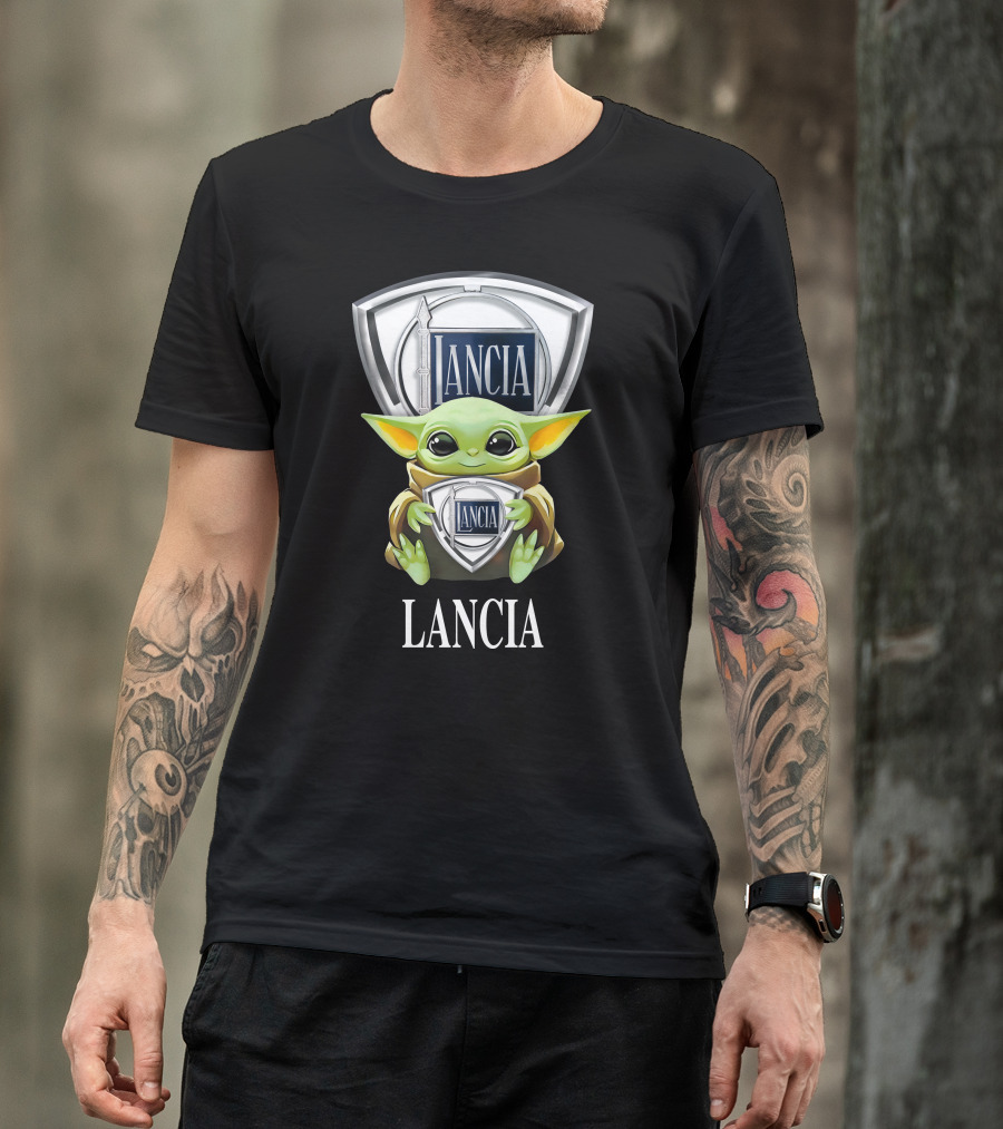 Baby Yoda Holding Lancia Logo With Lancia Text T-Shirt