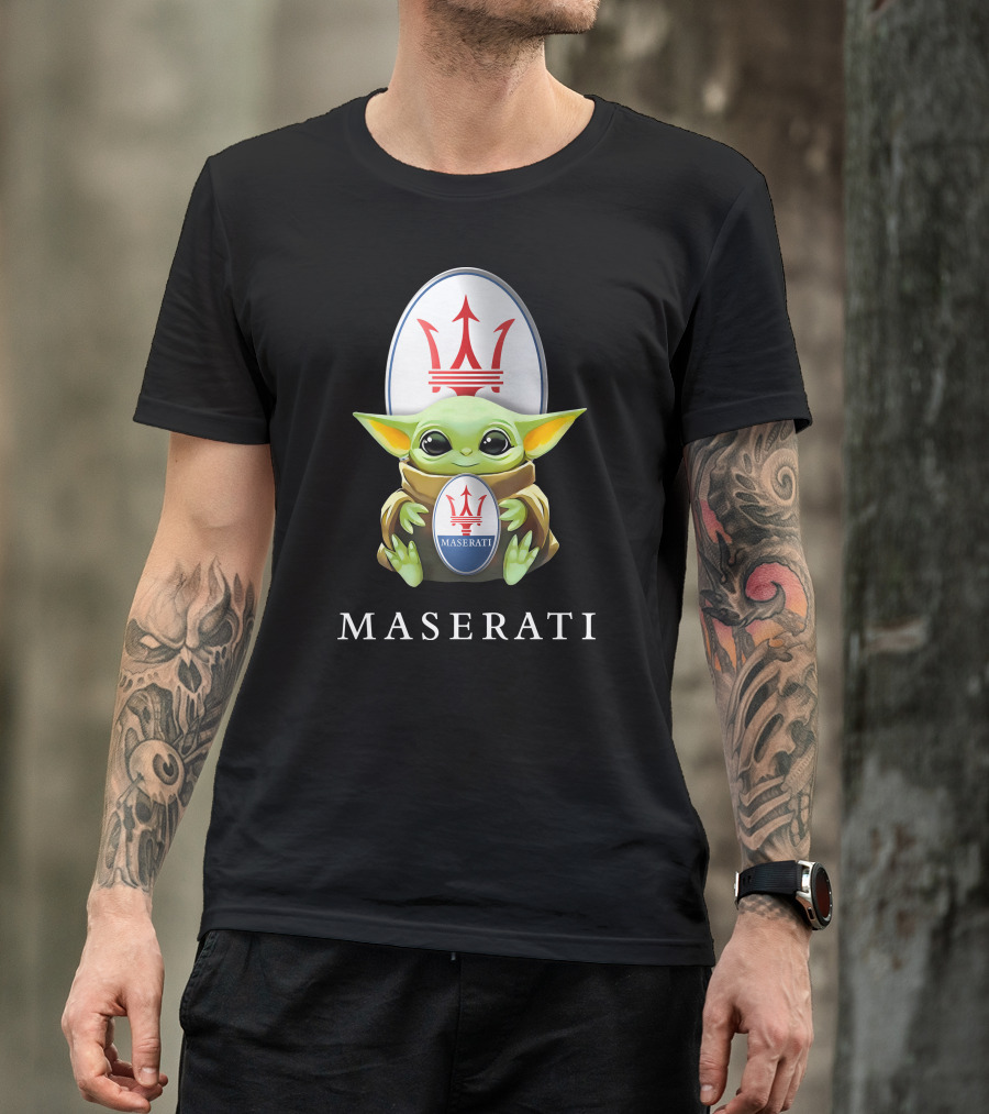 Baby Yoda Holding Maserati Emblem Trident T-Shirt