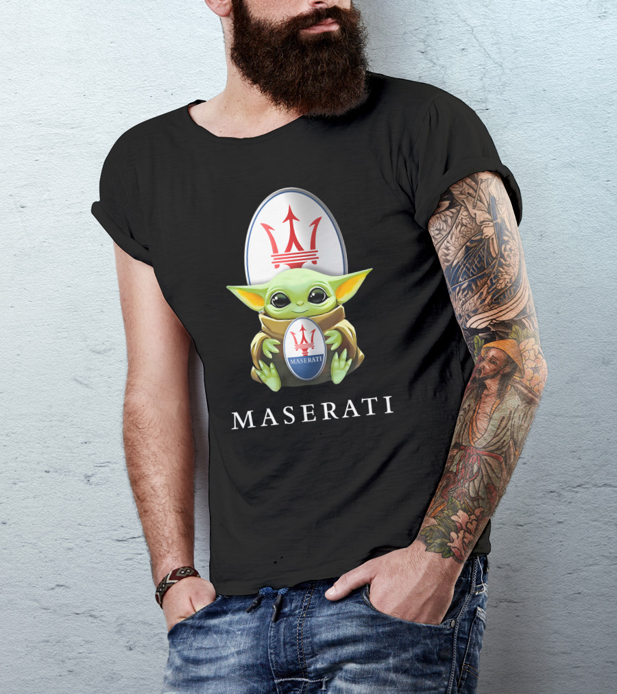 Baby Yoda Holding Maserati Emblem Trident T-Shirt