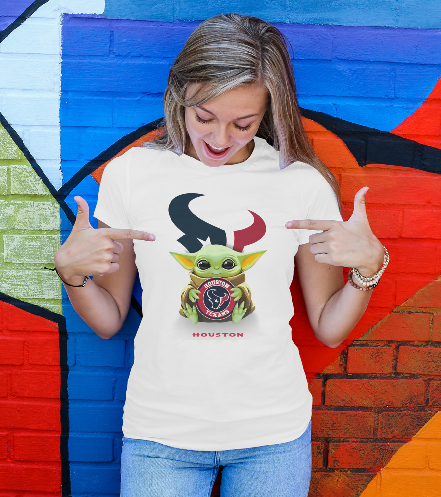 Baby Yoda Holding Houston Texans Logo With Team Emblem In T-Shirt