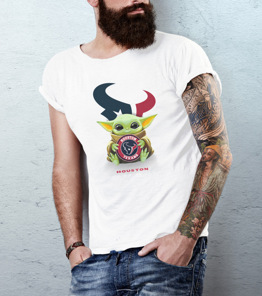 Baby Yoda Holding Houston Texans Logo With Team Emblem In T-Shirt