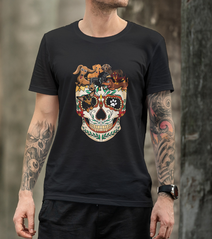 Dachshunds Sugar Skull Dog Mom Dad Funny Colorful Day Of The Dead T-Shirt