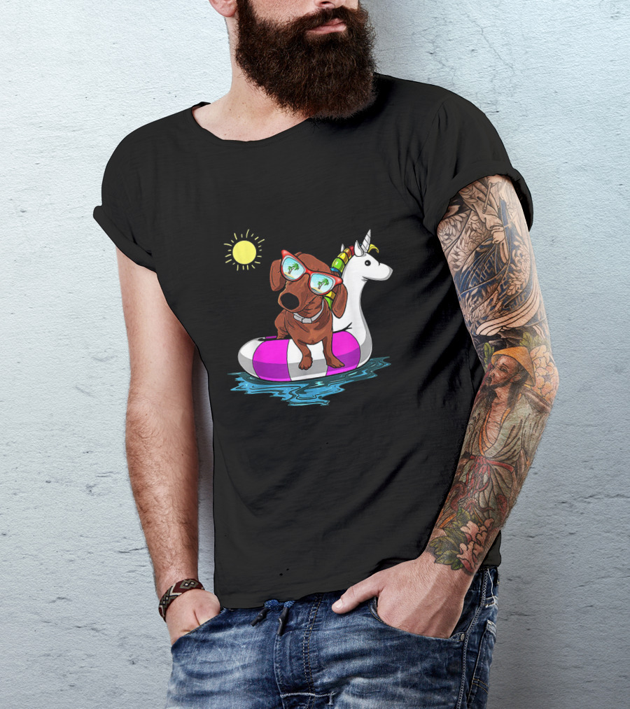 Dachshund On Unicorn Float At Summer Pool Party With Sunglasses And Sun T-Shirt