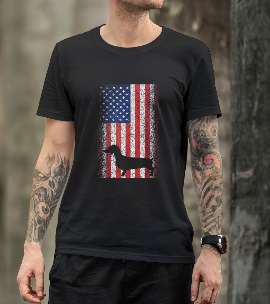 Vintage Dachshund Silhouette Over American Flag Patriotic 4th Of July T-Shirt