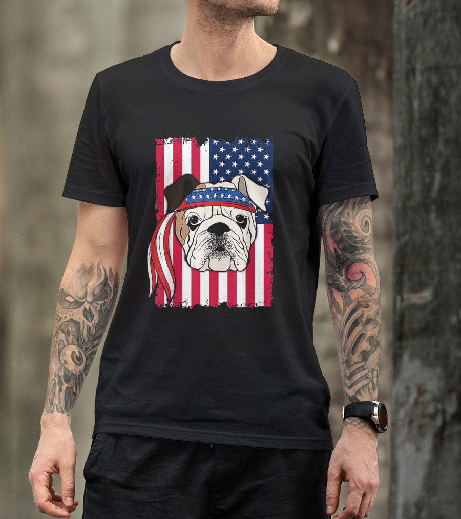 Patriotic Bulldog Wearing Bandana With American Flag Background T-Shirt