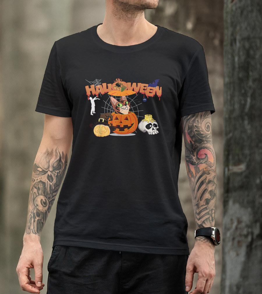 Halloween Bengal Cat Pumpkin Witch Zombie Skull T-Shirt