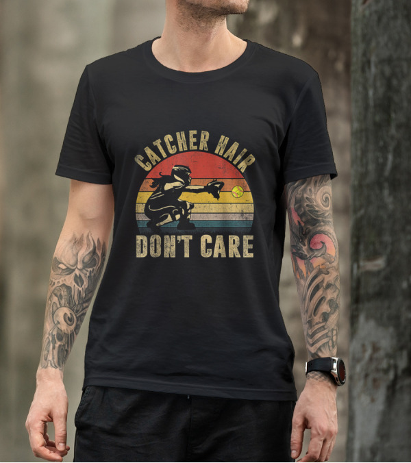 Catcher Hair Don't Care Retro Softball Catcher Girls T-Shirt