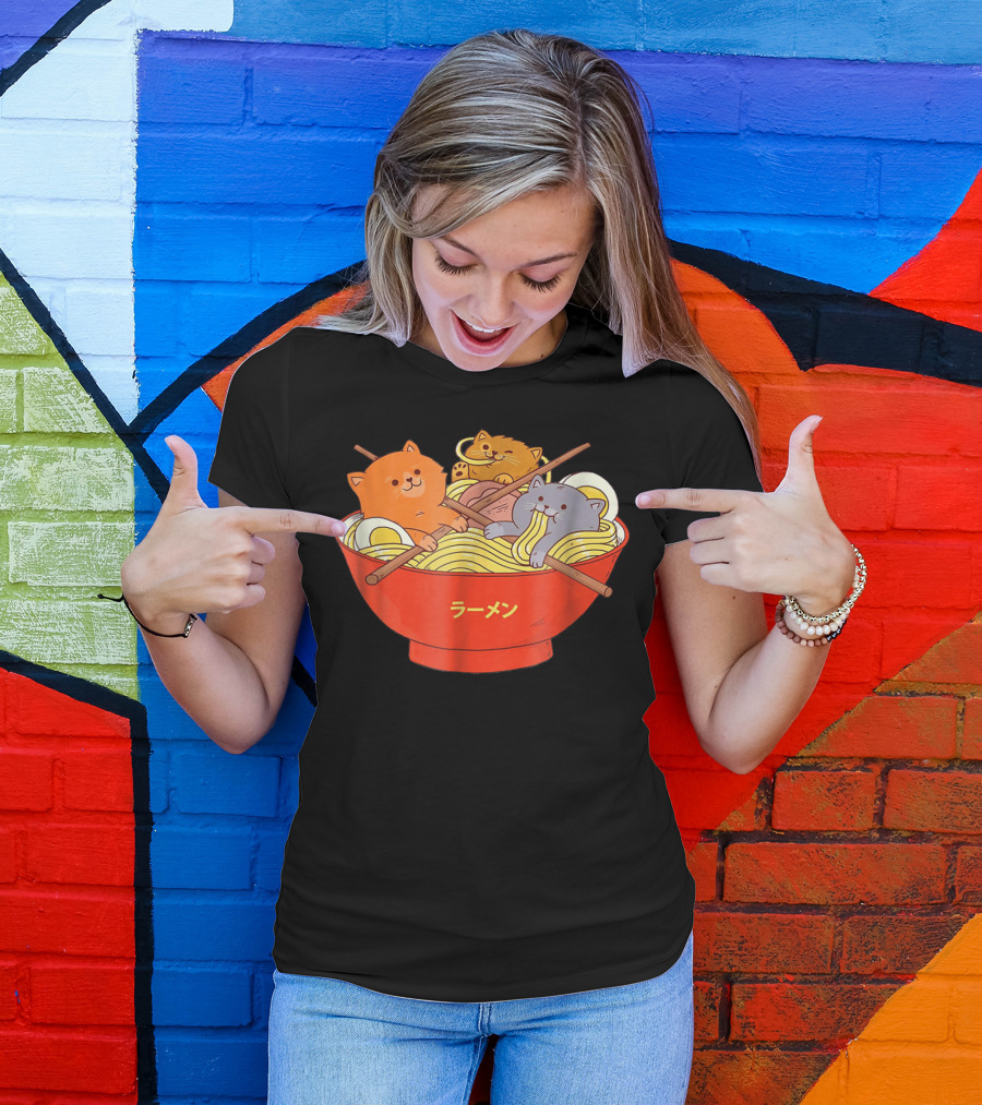 Kawaii Anime Cat Ramen Noodles In Red Bowl With Japanese Text T-Shirt