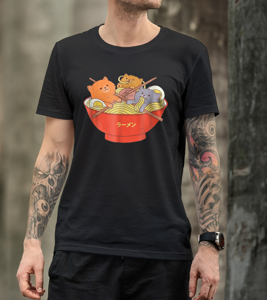 Kawaii Anime Cat Ramen Noodles In Red Bowl With Japanese Text T-Shirt