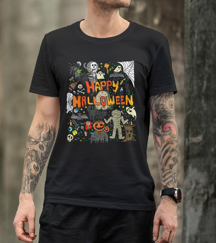 Happy Halloween Scary Mummy Ghost Witch Pumpkin Bat Skull Spiderweb T-Shirt