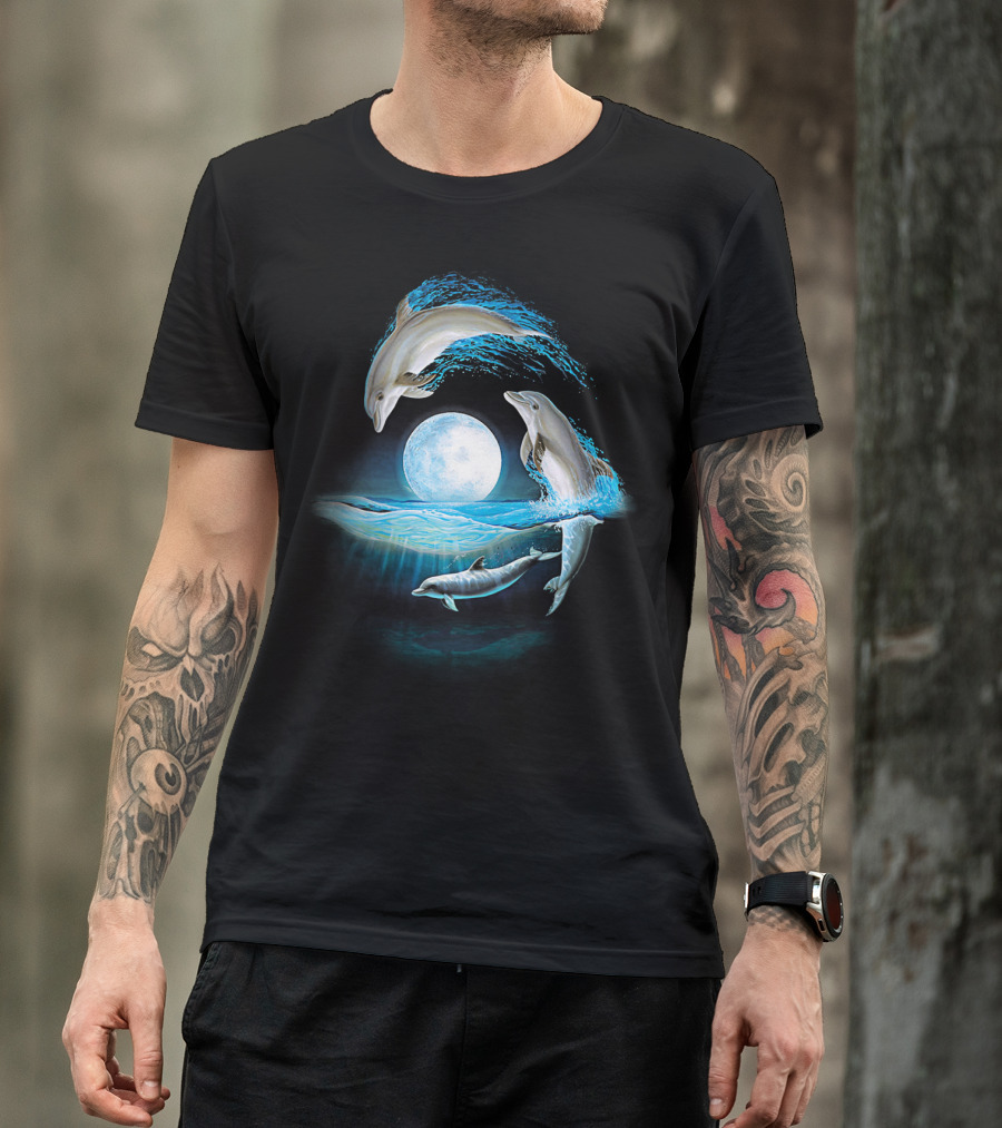 Full Moon Dolphin Leap Ocean Waves T-Shirt