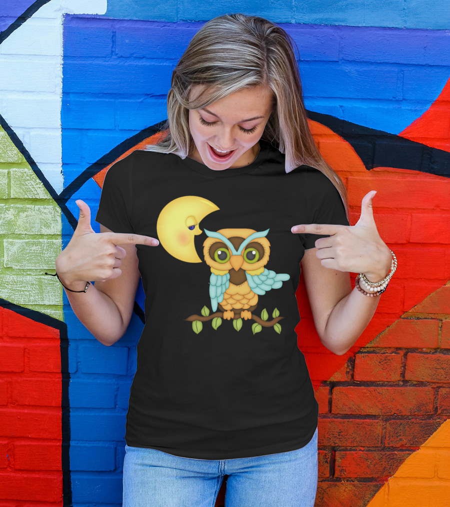 Owl Sitting On Branch With Smiling Crescent Moon T-Shirt