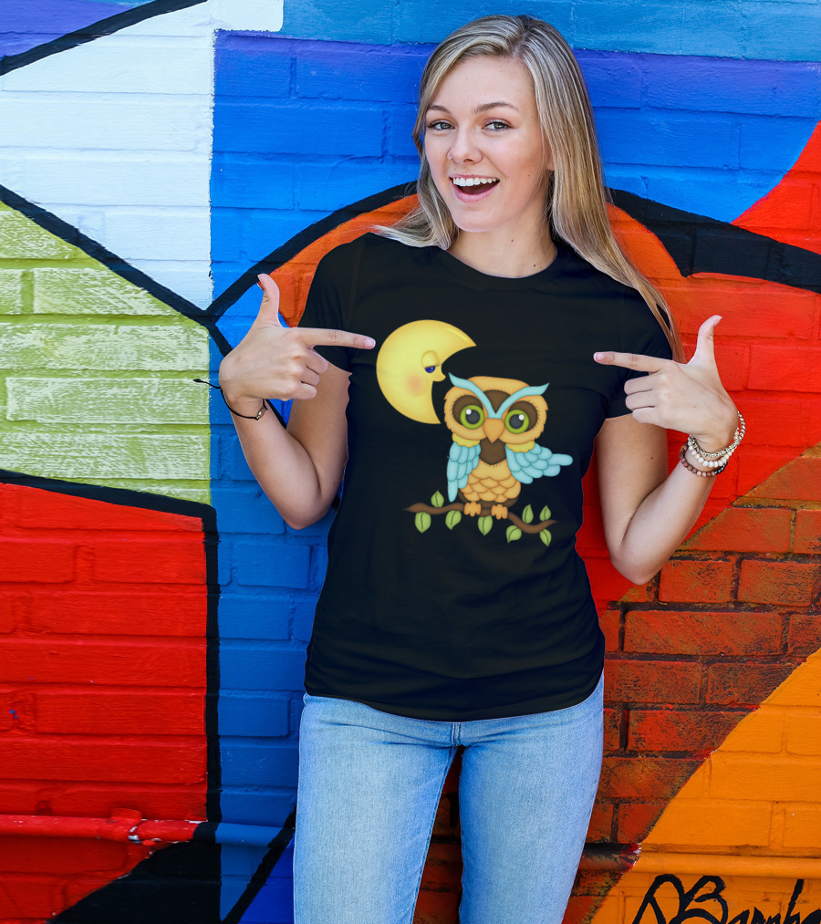 Owl Sitting On Branch With Smiling Crescent Moon T-Shirt