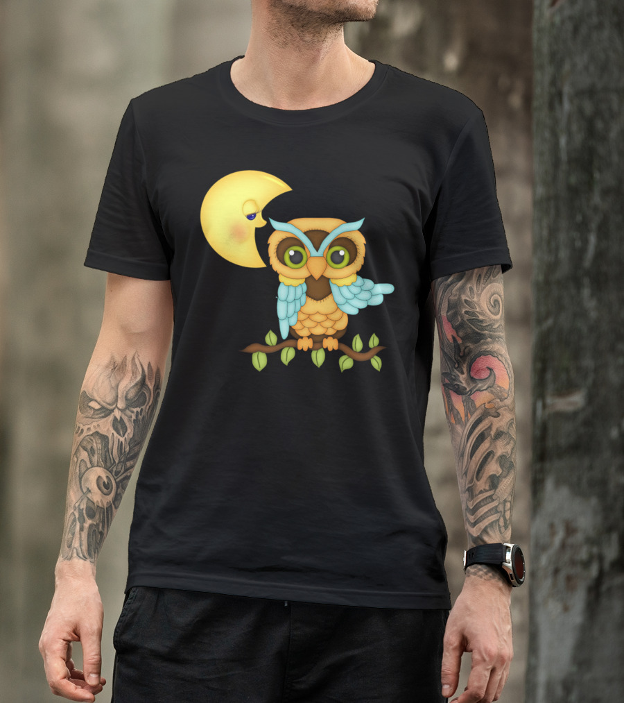 Owl Sitting On Branch With Smiling Crescent Moon T-Shirt