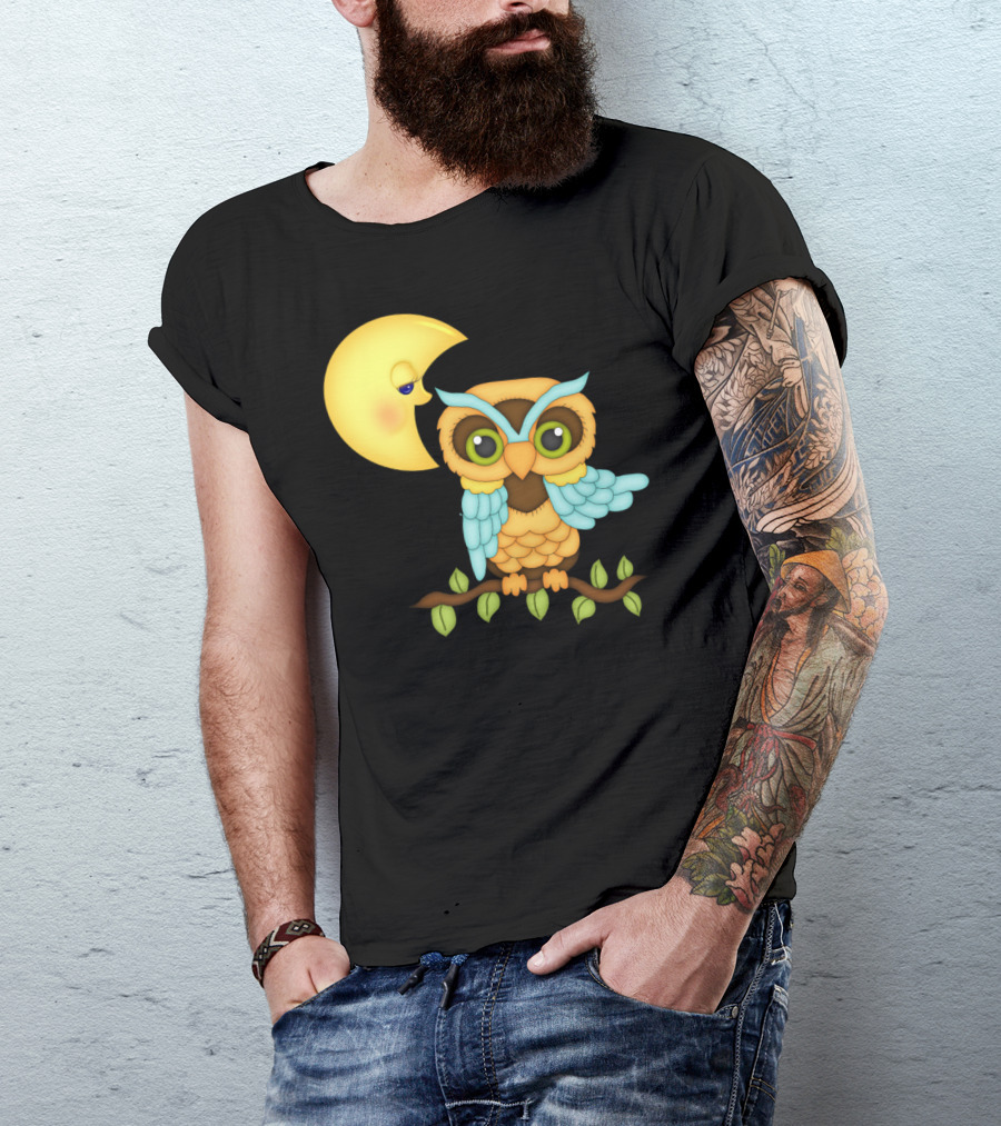 Owl Sitting On Branch With Smiling Crescent Moon T-Shirt