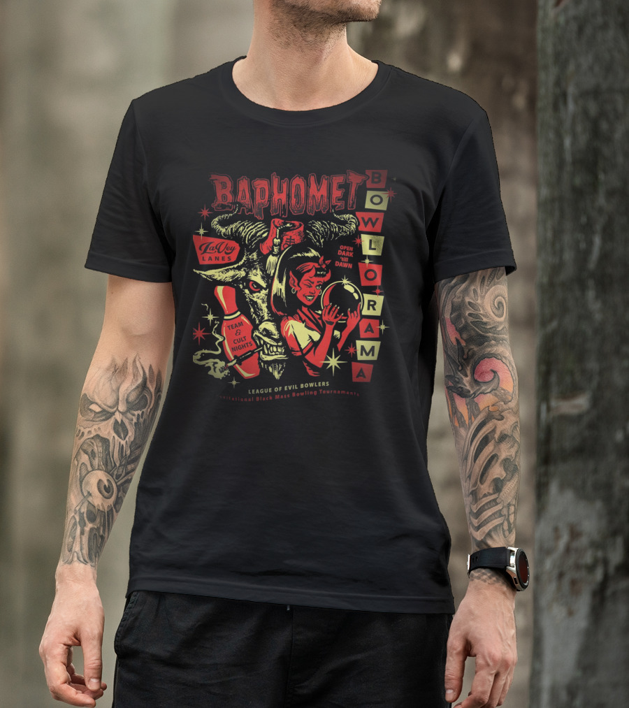 Baphomet Bowlorama LaVey Lanes Team Cult Nights Evil Bowlers All-Night Black Mass Tournament T-Shirt