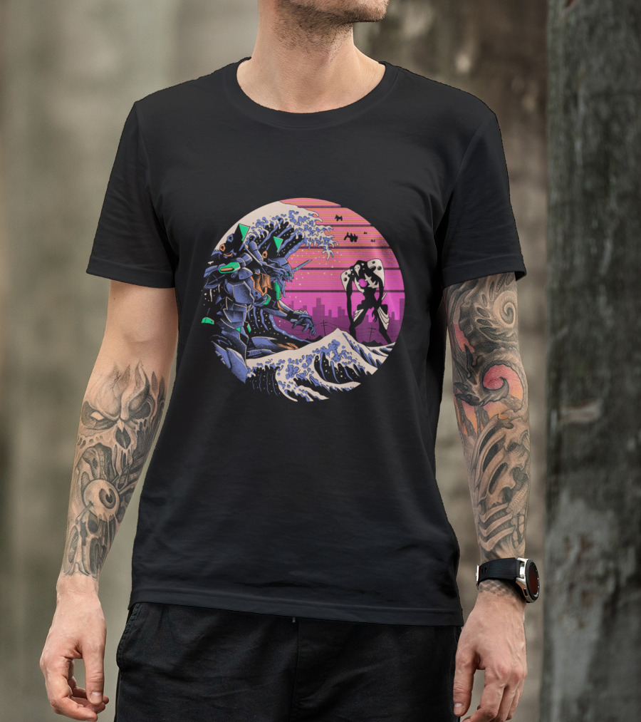 Neon Genesis Evangelion Retro Wave Style Giant Mecha Ocean Scene T-Shirt