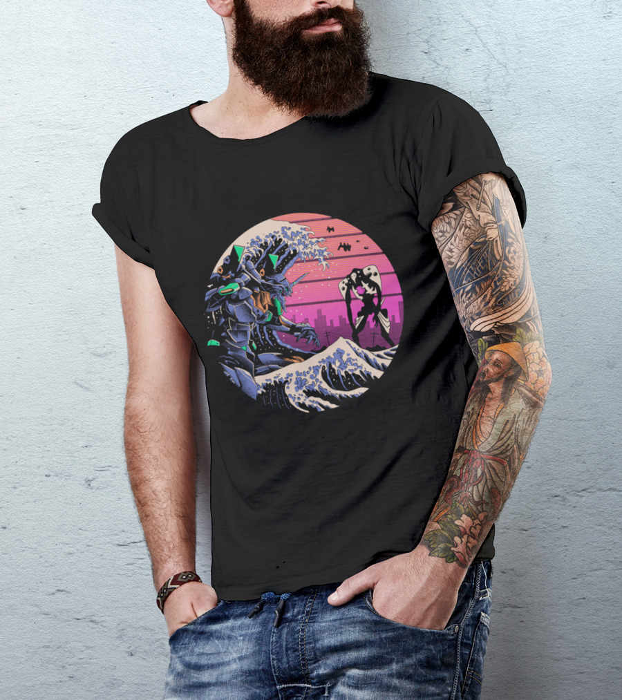 Neon Genesis Evangelion Retro Wave Style Giant Mecha Ocean Scene T-Shirt
