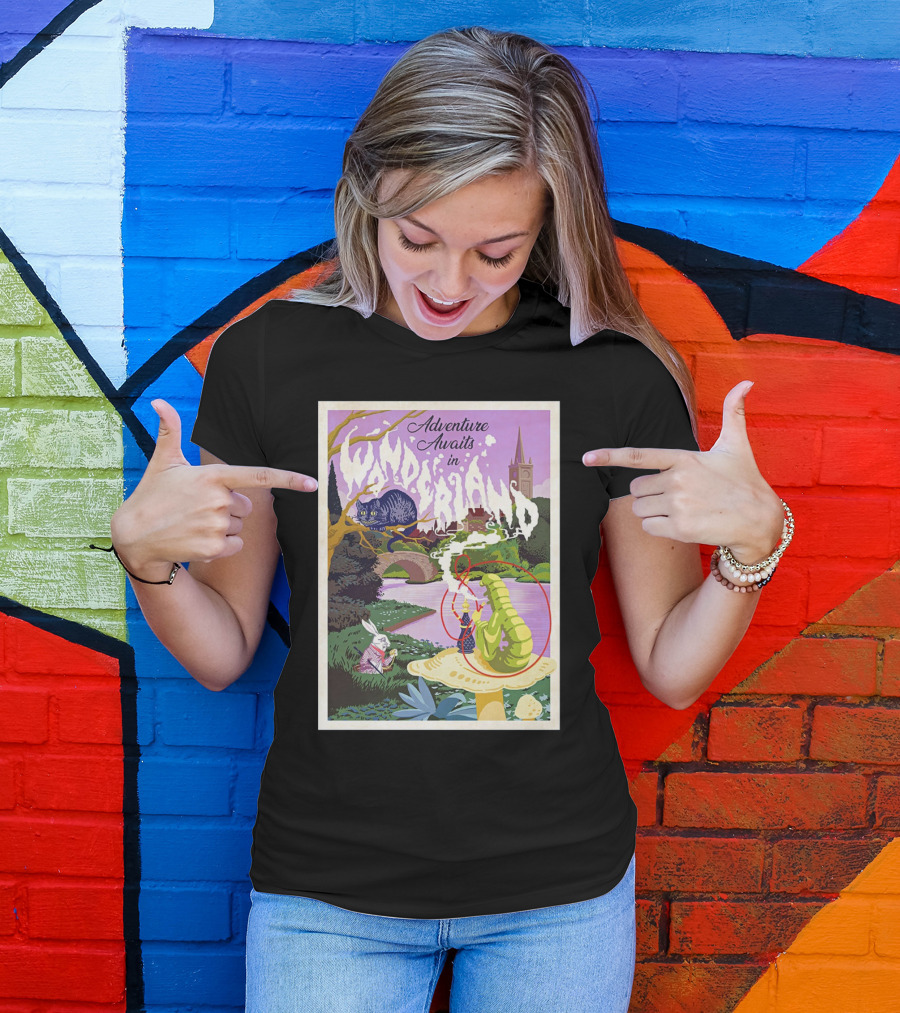 Adventure Awaits In Wonderland Cheshire Cat And Caterpillar Scene T-Shirt