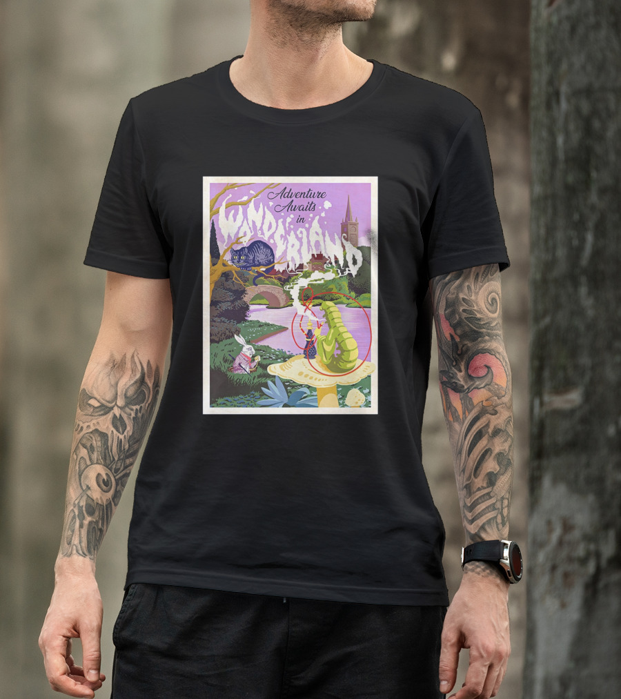 Adventure Awaits In Wonderland Cheshire Cat And Caterpillar Scene T-Shirt