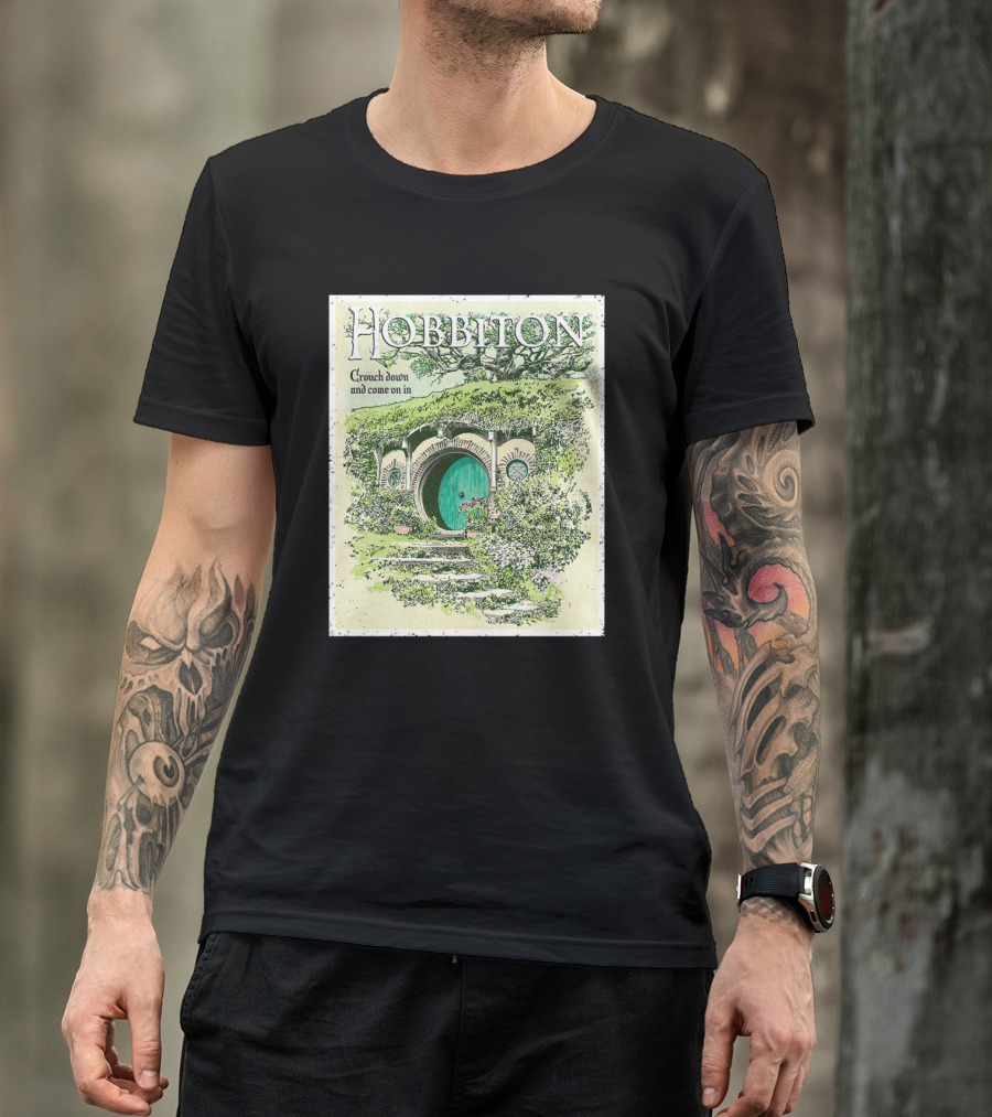 Hobbiton Crouch Down And Come On In With Illustrated Green Door And Garden Path T-Shirt